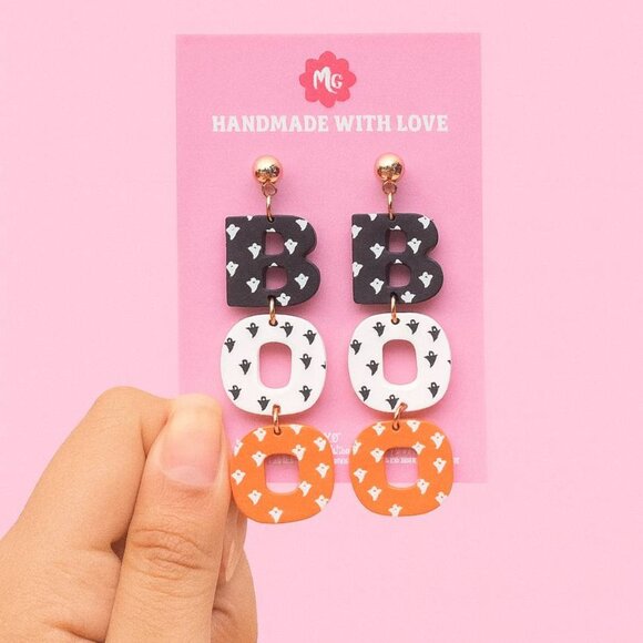 BOO Halloween Earrings — Cute Ghost Print Dangle Fall Spooky Jewelry - Picture 2 of 4